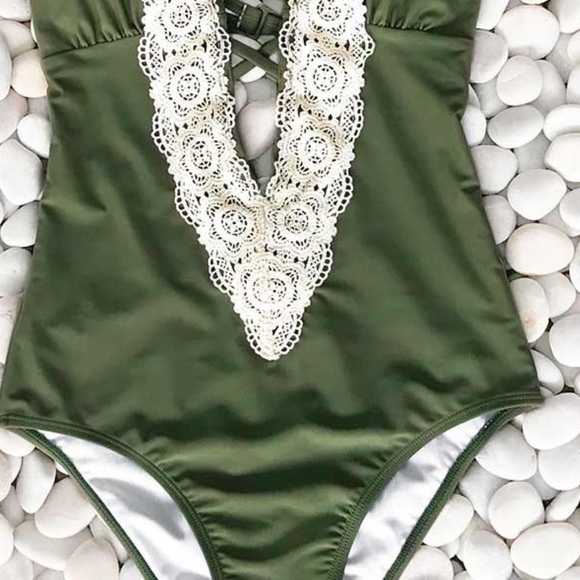 Cupshe Swimsuit One Piece Low Cut Adjustable Straps Lacey Accents Olive Green - Picture 10 of 11